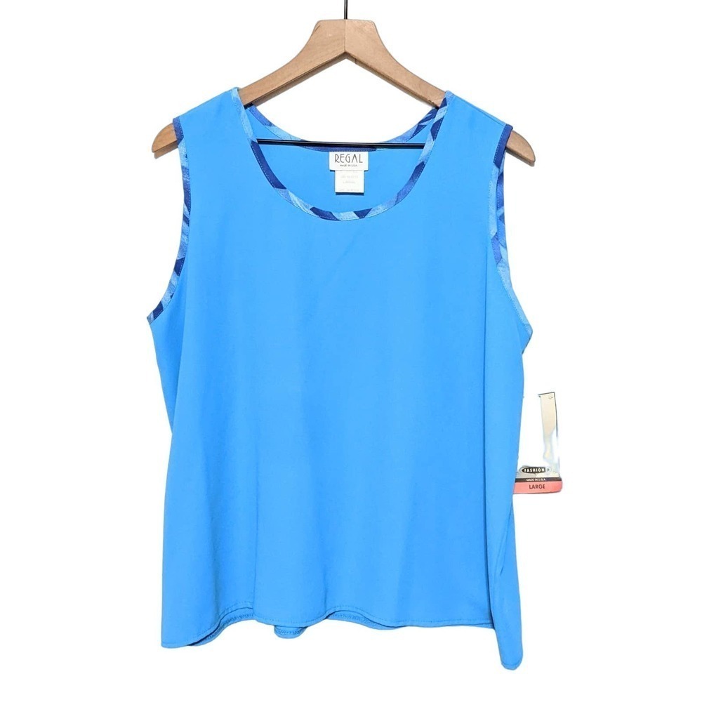 Vintage Regal Womens Sleeveless Blouse Size L Turquoise Blue Top Print Trim NWT